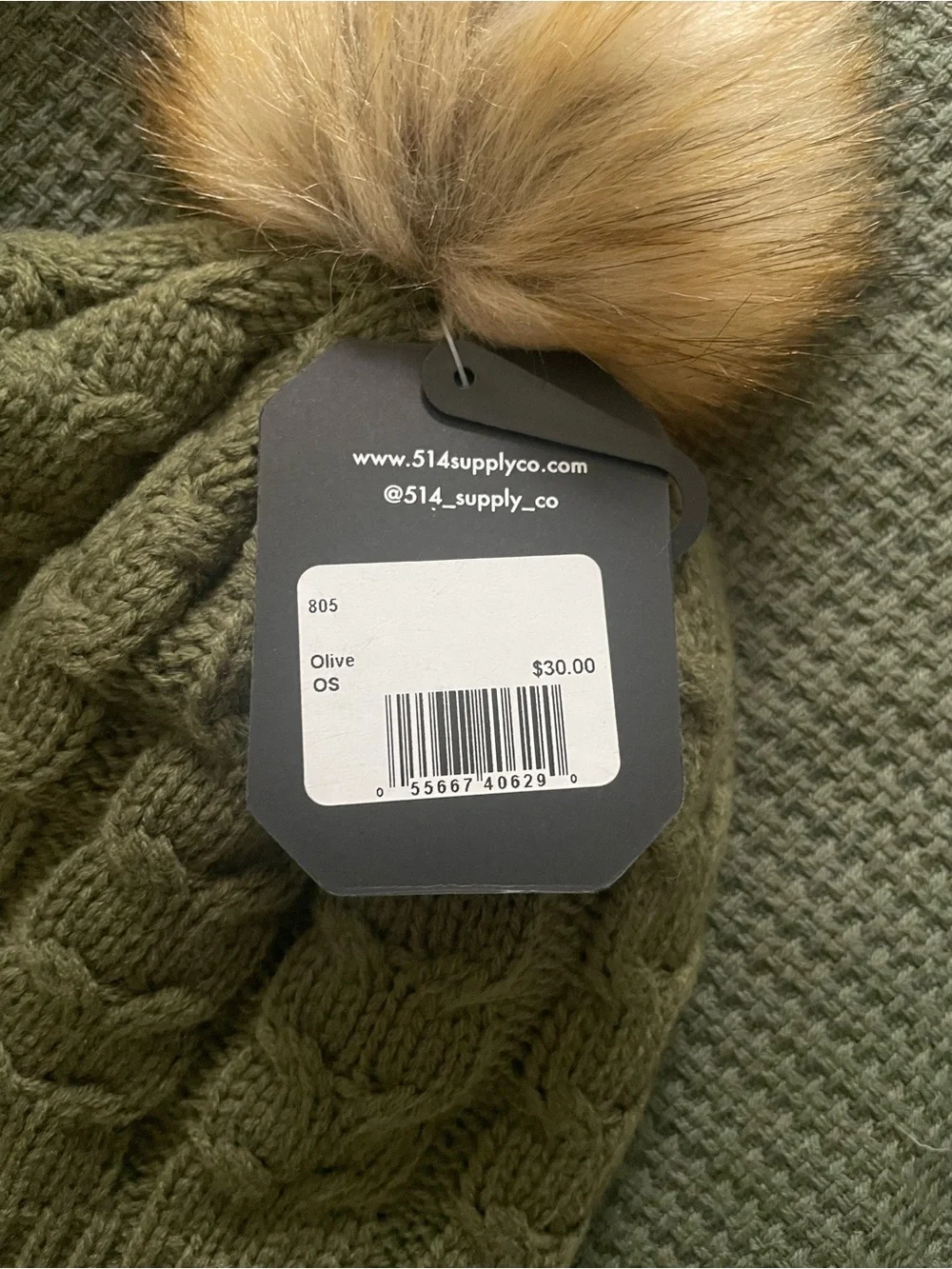 Olive Knit Pom Beanie with Faux Fur Pom